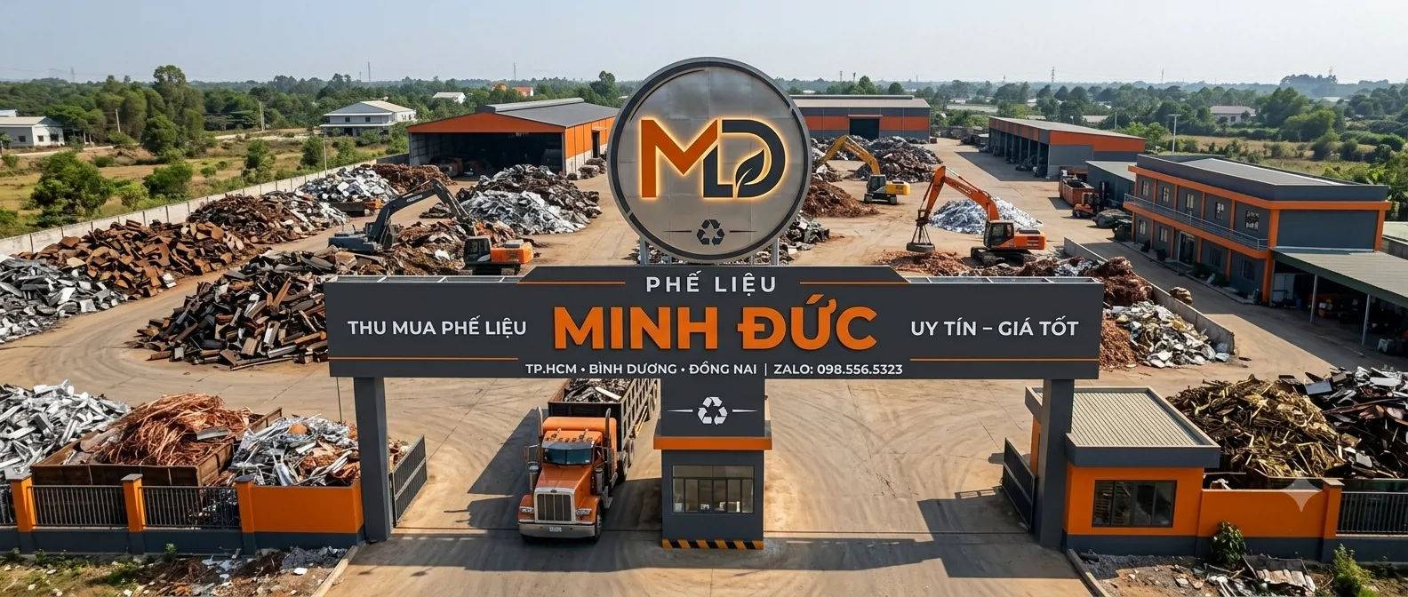 Sân kho phân loại phế liệu với xe tải và công nhân